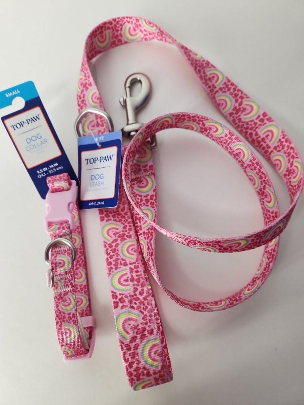 Dog Collar size S and Matching Leash 4ft Pink Rainbow Top Paw